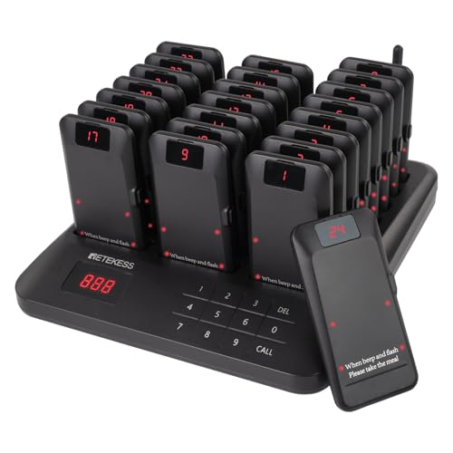 Retekess TD157P Pager Rufsystem, 800M Restaurant Pager, 24 Pagers, 39 Rufmodi, 300 mAh Akku 24H, Mit Stummschalttaste, Außer Reichweite Alarm, Pager Pieper für Food Court, Hotel, Bar