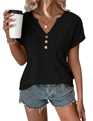 Image of LURANEE Womens Short Sleeve Sweaters V Neck Tops Lightweight Dressy Casual Shirts Work Blouses S-XXL