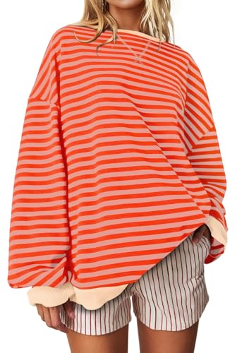 Image of UEU Women Oversized Striped Crewneck Sweatshirt Long Sleeve Color Block Pullover Tops Casual Loose Workout Shirt
