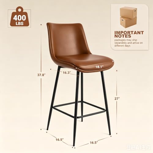 Image of Counter Height Bar Stools Set of 3, FSC Certified Upholstered Faux Leather Barstools with Back, Metal Base, 27 inch Seat Height, Modern Upholstered Counter Stools for Kitchen Island,(Walnut Brown