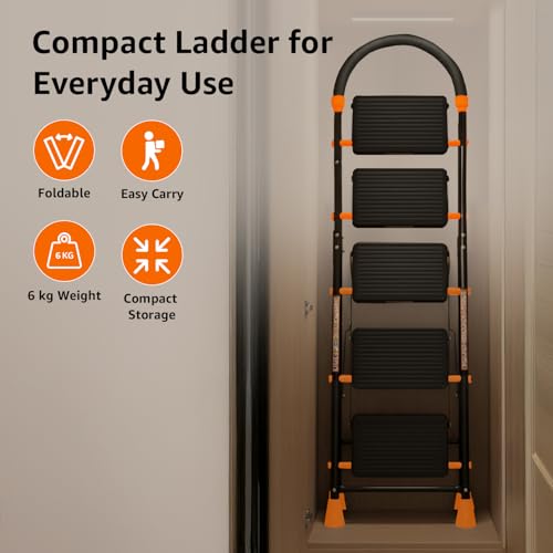 Image of Amazon Basics Curvo - Foldable Step Ladder, Ribbed Steps, Knee Guard, Non-Marring PVC Shoes, 5 Steps (Black & Orange)