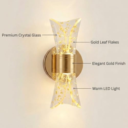 Image of fizzytech Modern Crystal LED Wall Light, Gold Finish Decorative Wall Lamp with 3 Colour Changing Modes for Living Room, Bedroom & Home Decor
