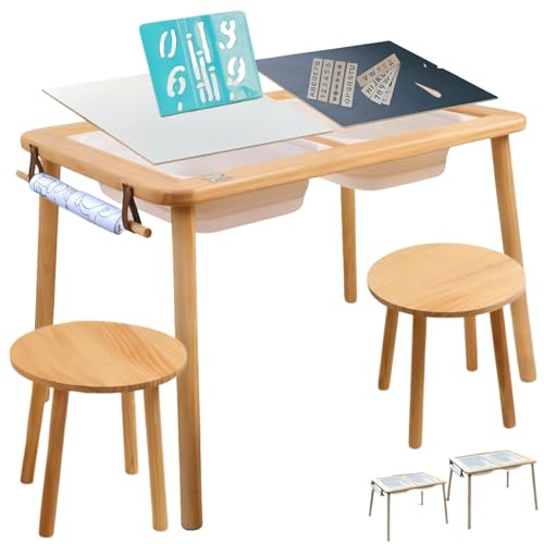 Image of Evolving Sensory Table For Toddlers with Chairs & Foldable Bins - Indoor Kids Arts And Crafts Table - Play a Montessori Activity with Sand - Book /Tablet Holder- (Paper & Accessories included)