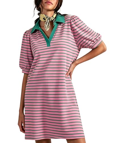 PJFPJF Womens 2025 Striped Summer Dress with Pockets Beach Casual Lapel V Neck Puffy Sleeves Casual Tshirt Dresses (Medium Pink-Green)