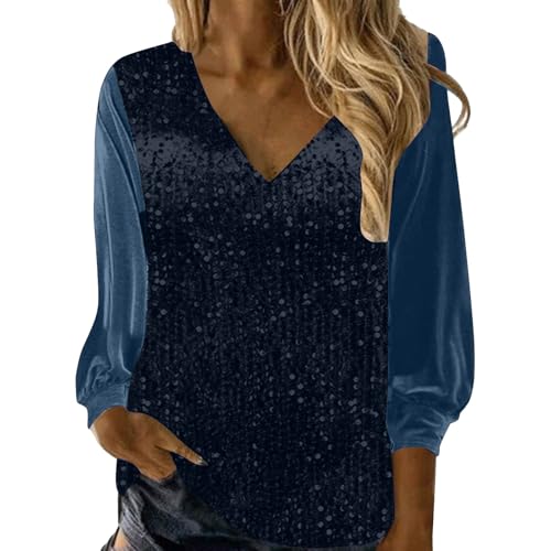 Haut à paillettes brillantes col en V et manches longues pour silhouette sublimée