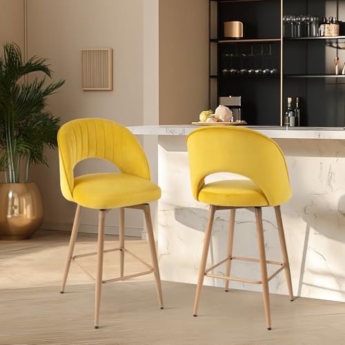 KRAMZMING Swivel Bar Stools Set of 2 Counter Height Barstools for Kitchen Island 26 Seat Height Bar Chairs for Dining Room Velvet Upholstered Bar Stool with Back and Footrest Yellow
