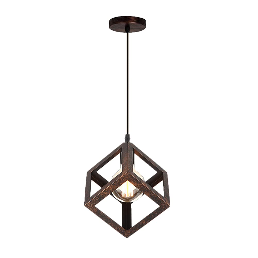 TOKTOP Modern Chandelier Cube Shape Pendant Light Geometric Metal Style E27 Ceiling Lamp for Children Bedroom Teenager Living Room Rusty