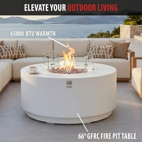 Image of AMS Round Concrete GFRC Propane Gas Fire Pit Table Bundle (Cream White)