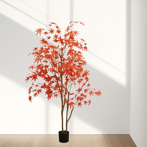 Garveehome 5ft Artificial Maple Tree, Large Faux Tree Soft Silk Autumn Maple Decorative Plant with Plastic Pot for Party Home Living Room Decoration Thanksgiving Harvest