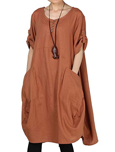 Image of LaovanIn Women's Plus Size Tunic Dress Summer Cotton Linen T Shirt Knee-Length Dresses