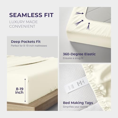 Image of THREAD SPREAD Luxury King Size Sheets Set - 2000 Series 100% Egyptian Cotton Cooling Sheets King Size (4 PC, Ivory), Silky Soft, Cooling, Sateen Weave, 17 inch Extra Deep Pocket Hotel Bedding Set