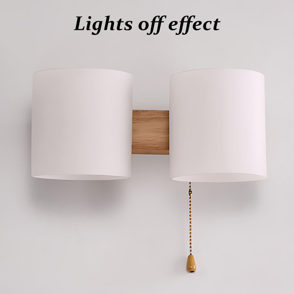 Holz Wandlampe Glasschirm mit Zugschalter 2 Flammig Innen Wandlichte mit Schalter Runde Schlafzimmer Nachttischlampe Glas Lampenschirm Wandleuchte Moderne E27 für Treppe Flur Wohnzimmer