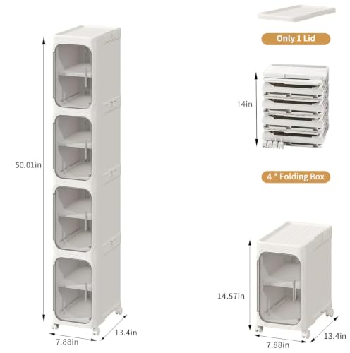 Image of 4-Tier Tall Narrow Storage Cabinet, Slim Bathroom Storage Cabinet with Adjustable Shelves and Wheels, Narrow Organizer for Small Space, Bathroom, Kitchen, Laundry, White