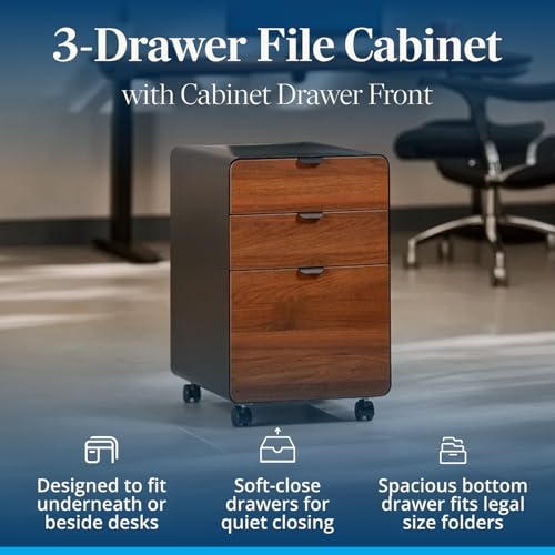 UPLIFT DESK 3-Drawer Mobile File Cabinet - Steel Rolling Filing Cabinet with Lock, Soft-Close Top Drawer, Letter & Legal Size File Storage, Easy Assembly for Home Office (Industrial, Bamboo) - Image 4
