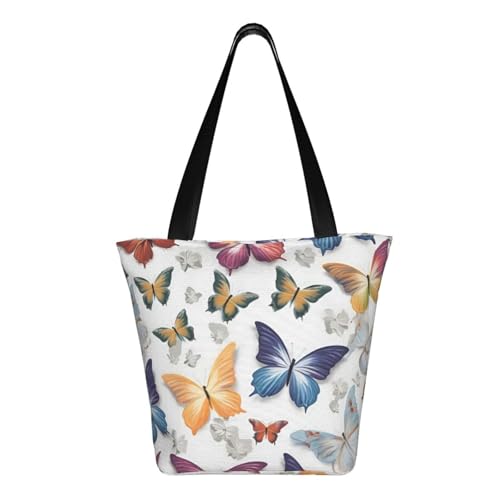 White Floral Colorful Butterflies Print Lightweight Shoulder Bag Summer Outings Tote Bags Travel Hiking Work Casual Use3