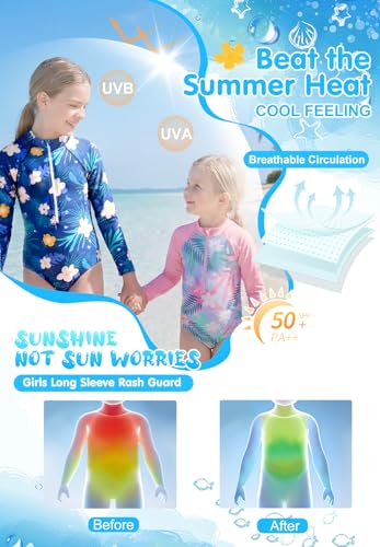 Image of Zando UPF50+ Girls Long Sleeve One Piece Swimsuit with Zipper - Rash Guard for Teens Toddler Kids 2-15 Years