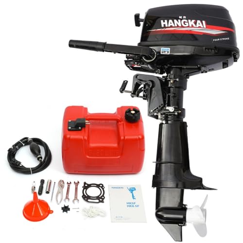 HANGKAI 6.5HP 4 Stroke Outboard Motor Heavy Duty Short Shaft Fishing Boat Engine w-Water Cooling CDI System Inflatable Marine Fishing Yacht Engine with Fuel Tank for Outdoor Adventure