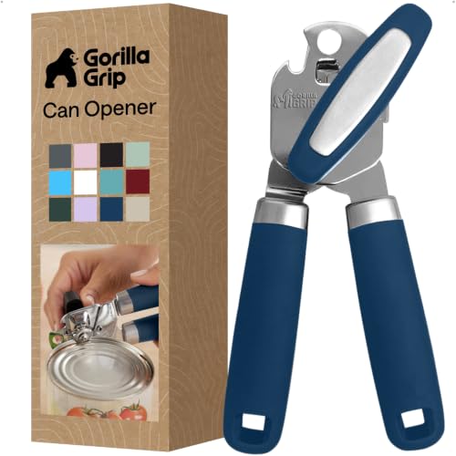 Image of GORILLA GRIP Upgraded Model Stainless Steel Manual Can Opener, Blue | US Designed, Oversized Handheld Turn Knob, Comfortable Handle for Easy Turning, Multifunctional Kitchen Tool, Open Bottles