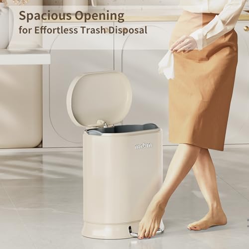 Image of MRBIN Metal Bathroom Trash Can with Lid, 20L / 5.3gal Commercial Step Waste Basket for Kitchen, Medium Toilet Garbage Pail with Stainless Steel Foot Pedal for Near Desk, Restroom, Rv, Vanity, White