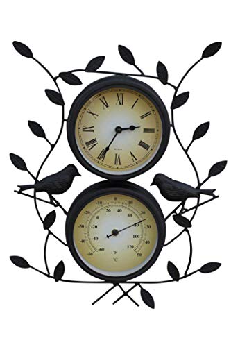 Garden Market Place Leaf & Bird Design Decorative Garden Clock with Thermometer with Free Battery for Outdoor or Indoor Use