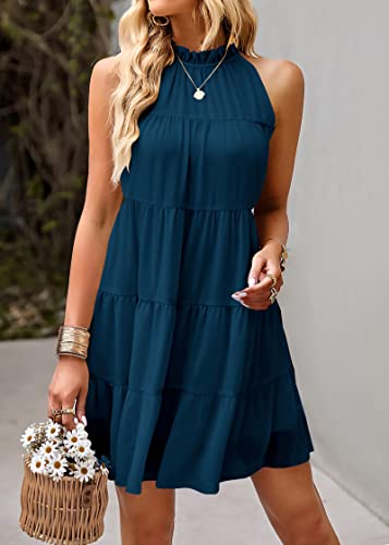 Image of KIRUNDO Summer Sundresses for Women Halter Dress Babydoll | Spring Sleeveless Halter Top, Flowy Tiered Pleated, Western Cute Country Concert, Beach Wedding Guest Vacation Cruise Dress