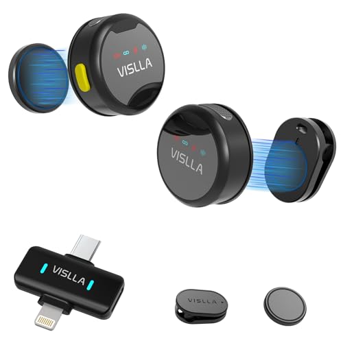 Vislla Mini Microphone for iPhone, iPad & Android,12H Battery, Noise Reduction Wireless Lavalier Microphone, Clip On Lapel Mic for Vlogging/YouTube/Ti