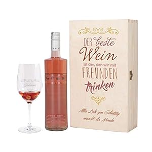 Herz & Heim® Wein Geschenkset mit graviertem Weinglas, Bree Wein zur Auswahl in Geschenkbox für Beste Freunde Rosé