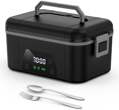 Cordless Heated Lunch Box, Smart Timer Automatic Heating Food Warmer for Adults, 5.5-Cup Portable Electric Lunch Container with Handheld Insulated Bag