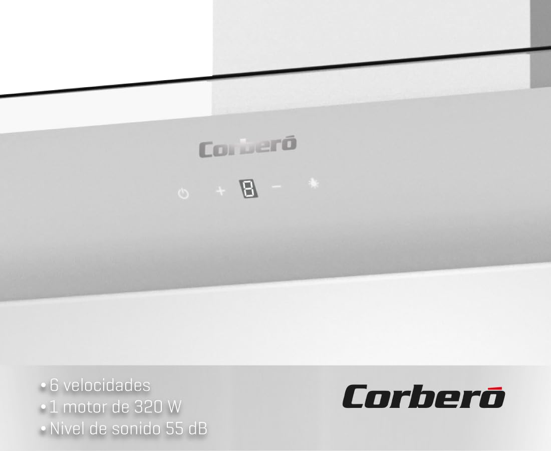 Corberó – Campana Decorativa `[NYASA9000W] 90 cm | Caudal 831 m3/h| 3 Velocidades | Control Touch | Filtro Aluminio 3 Capas + Filtro Carbón | E.Energética A++ | Cristal Blanco
