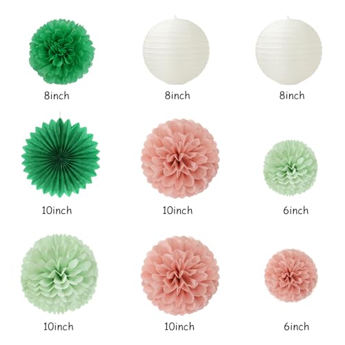 Image of Sage-Green Pink Birthday Party-Decorations Paper-Flowers - 14pcs Happy Banner Spring Lanterns Tissue Pom Poms,Boho Streamers Garland Fans,Neutral Rustic Garden Office Hanging Supplies Decor Hugfond
