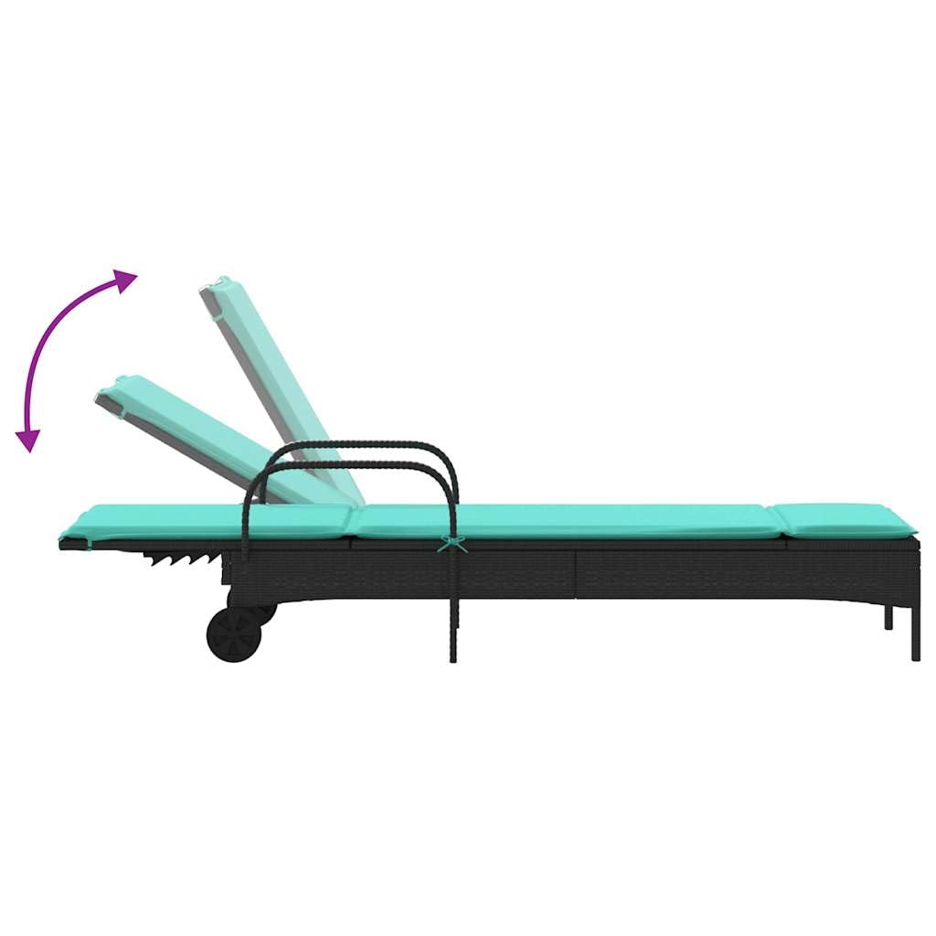 Lettino prendisole con ruote, lettino da giardino in polyrattan con schienale regolabile e comodo cuscino, mobili da giardino per terrazza e balcone, 61 x 200 cm, nero/turchese