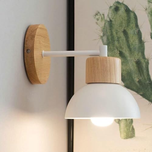 Aplique de pared de madera nórdico con cúpula blanca para dormitorio 2