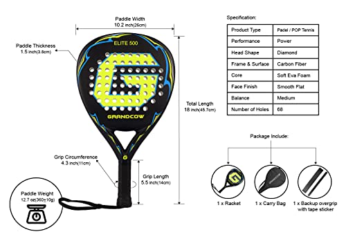 Grandcow Padel Racket Padel Racquet Carbon Fiber Surface With Eva Memory Flex Foam Core Diamond Shape Pop Tennis Paddle Rackets (Black) #TOP1