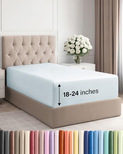 Image of Deep Twin XL Fitted Sheet - College Dorm Room Essentials - Ice Blue | Easily Fits 18 inch to 24 inch Mattress, Wrinkle Resistant, Soft, Breathable & Comfy, Extra Deep Pockets Fitted Sheet