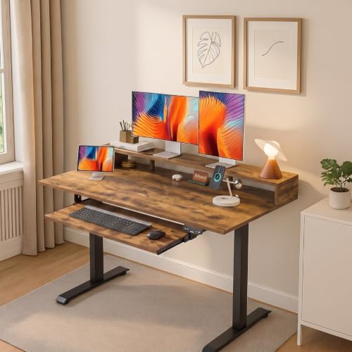 Image of TEKAVO Thron Electric Height Adjustable Table with Moniter Riser & Keyboardtray I Standing Desk I Workstation for Home Office I Work Table for Laptop pc (120Lx60Wx70to120H CM) Forest & Black I DIY