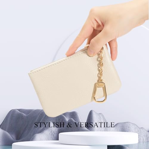 Image of Full Grain Leather Coin Purse with Key Chain - Small Change Purse Keychain Card Holder Keychain Pouch Small Keychain Wallet for Women and Men (Creamy-white, Large Size)