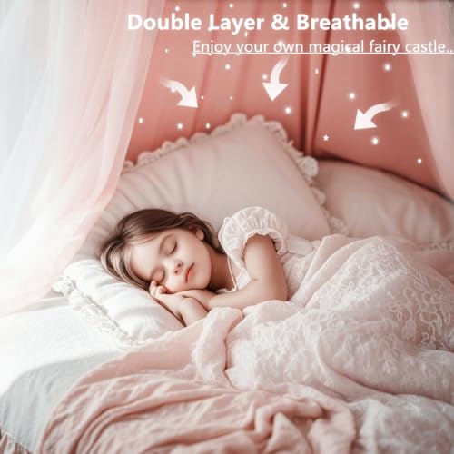 Eimilaly Prinzessin Bett Baldachin für Mädchen, Doppelte Lage Baldachin mit Cutout Sterne, passt Twin/volles Bett, rosa