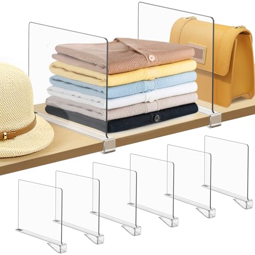 6 Pcs Closet Organizers and Storage for Clothes, Clear Acrylic Shelf Dividers with Anti-Slip Pads for Wooden Closet Shelves, Suitable for Bedroom Clothing Storage, Bookshelf, Kitchen, Office