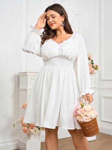 SCOMCHIC Womnes Plus Size Long Sleeve Mini Dress Smocked Elastic Waist Sweetheart V Neck A Line Dresses3