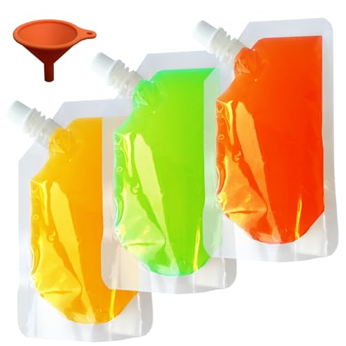 20Pack Clear Drink Pouches 420ml with caps and Funnel for Festivals,Leak Proof Alcohol Juice Liquid Pouches Bags, Beverage Bags, Plastic Hip Flask for Parties, Picnic, Travel, Sports