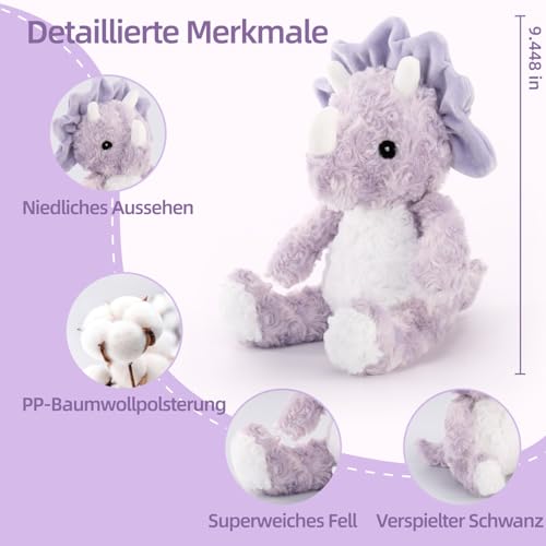 Dino Kuscheltier, Dinosaurier Kuscheltier 24 cm Plüschtier für Kinder, Süßes Lila Plüschtier, Soft Cuddly Friends, Kuschelfreunde zum Kuscheln und Spielen für Mädchen und Jungen, Waschmaschinenfest