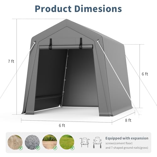 GAOMON 6'x8' Outdoor Portable Garage, Waterproof & UV-Resistant Storage Shed with 2 Roll-Up Doors, Carport Tent for Motorcycle, Bike, and Tools, Gray