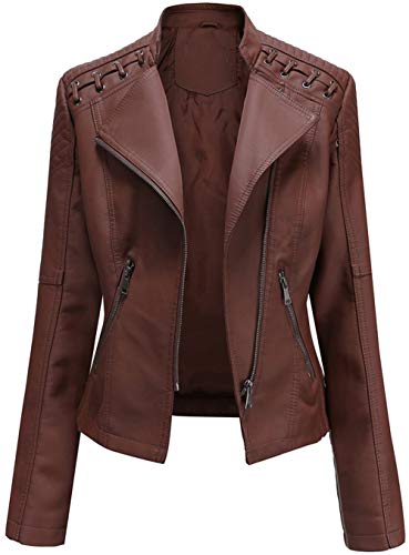 chouyatou Women's String Quilted Shoulder Oblique Zip Moto Pu Leather Biker Jacket