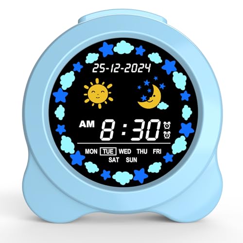 SENXINGYAN Reloj Despertador Infantil, Entrenador de Sueño con Pantalla LED de Sol & Luna, Luz Nocturna & Sonidos Relajantes, Fácil de Usar para Los Niños, Regalo Ideal para el Dormitorio Infantil