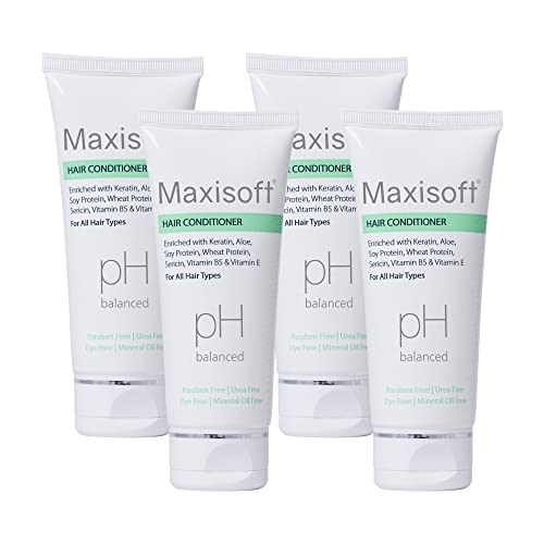 Image of Maxisoft Hair Conditioner | Keratin, Aloe & Protein Rich | Repairs Dry, Frizzy & Damaged Hair | Smooth, Soft & Nourished Finish | pH Balanced, Paraben Free | For Men & Women | (100 ml Pack of 4)
