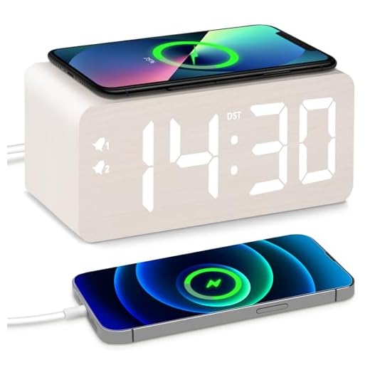 URAYCO Wooden Digital Alarm Clock, 10W Fast Wireless Charger Station & 2 USB Charging Ports, with
