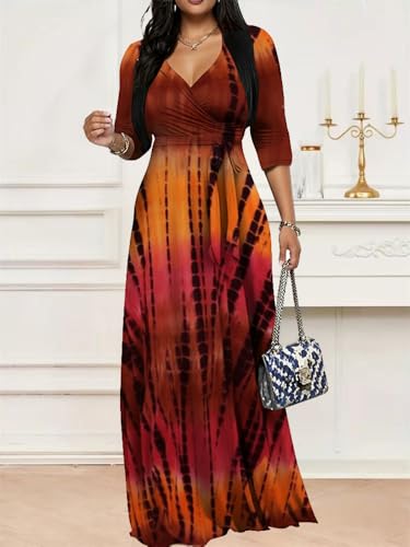 Image of Women's Church Maxi Wrap V Neck 3 /4 Sleeve Tie Waist Plus Size Long Dress | Flattering wrap V-neck design enhances curves. High elastic tie waist accentuates the slimmest part, hides tummy.