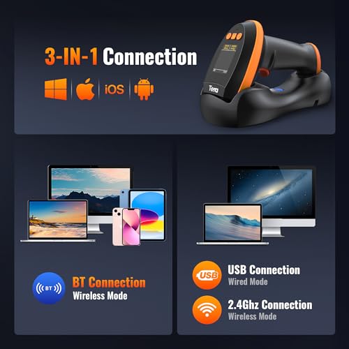 Tera 1D 2D QR Barcode-Scanner mit digitalem Einstellungsbildschirm & Tastenfeld Schnellscan funktioniert mit Bluetooth 2.4G Drahtlos & USB-Kabelverbindung deutsche Anleitung HW0009