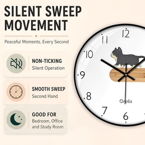 Image of Cute Cat Wall Clock for Home Decor Non-Ticking Silent Wall Clock | Modern Wall Watch for Hall, Living Room, Office & Bedroom | Fancy Wall Clocks for Kids Room | Round Easy-to-Read Wall Watch