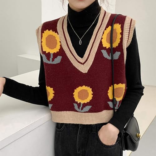 Image of Lunoakvo Women Pink Peach Flower Embroidery Knitted Sleeveless O-Neck Knitwear Sweater Vest